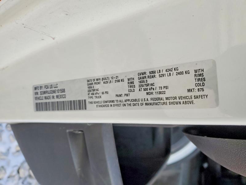 52433336 :رقم المزاد ، 3C6MRVJG5NE101508 vin ، 2022 Ram Promaster 3500 مزاد بيع
