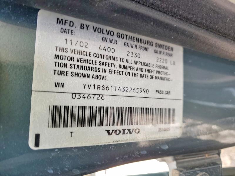 2003 Volvo S60 მანქანა იყიდება აუქციონზე, vin: YV1RS61T432265990, აუქციონის ნომერი: 74870595