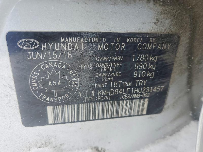 74753585 :رقم المزاد ، KMHD84LF1HU231457 vin ، 2017 Hyundai Elantra مزاد بيع