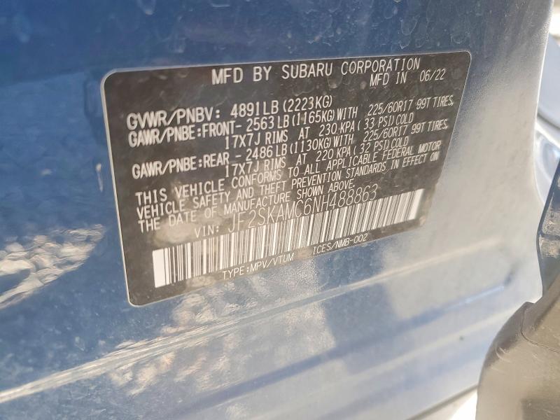 2022 Subaru Forester W მანქანა იყიდება აუქციონზე, vin: JF2SKAMC6NH488863, აუქციონის ნომერი: 99878915