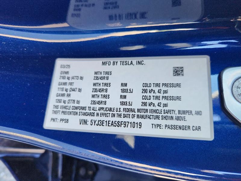 Aukcja sprzedaży 2025 Tesla Model 3, vin: 5YJ3E1EA5SF971019, numer aukcji: 97975125
