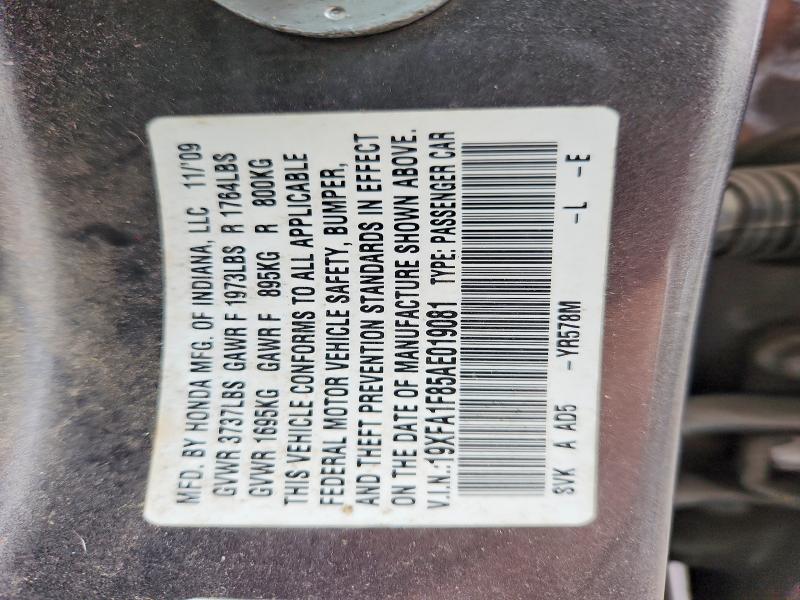 97647245 :رقم المزاد ، 19XFA1F85AE019081 vin ، 2010 Honda Civic مزاد بيع