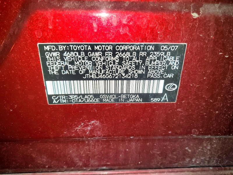 Aukcja sprzedaży 2007 Lexus Es, vin: JTHBJ46G672134218, numer aukcji: 75075295