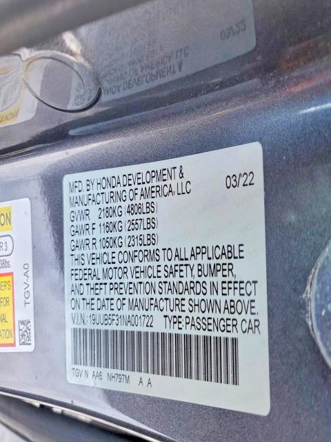 Aukcja sprzedaży 2022 Acura Tlx, vin: 19UUB5F31NA001722, numer aukcji: 73663025