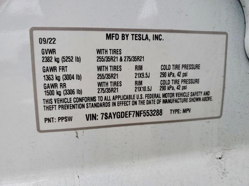 74133415 :رقم المزاد ، 7SAYGDEF7NF553288 vin ، 2022 Tesla Model Y مزاد بيع