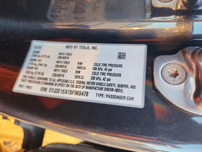 72409185 :رقم المزاد ، 5YJ3E1EA7SF965478 vin ، 2025 Tesla Model 3 مزاد بيع