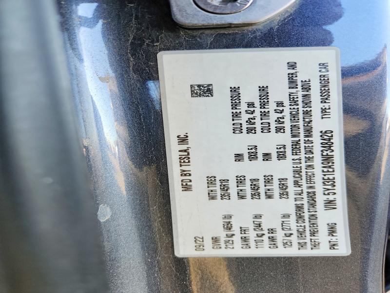 2022 Tesla Model 3 მანქანა იყიდება აუქციონზე, vin: 5YJ3E1EA9NF348426, აუქციონის ნომერი: 72779835