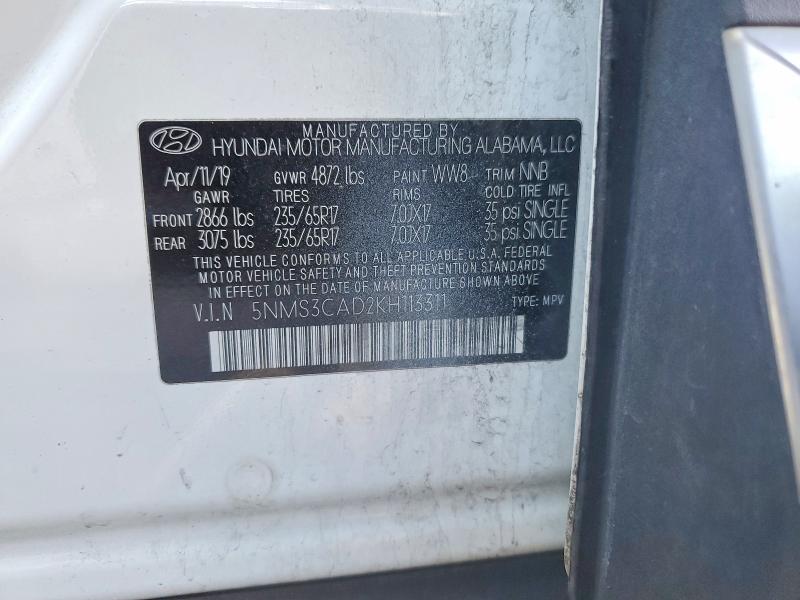 2019 Hyundai Santa Fe მანქანა იყიდება აუქციონზე, vin: 5NMS3CAD2KH113311, აუქციონის ნომერი: 74613375