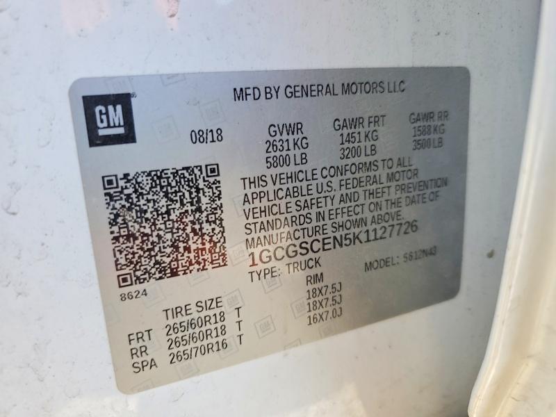 Aukcja sprzedaży 2019 Chevrolet Colorado, vin: 1GCGSCEN5K1127726, numer aukcji: 73608255
