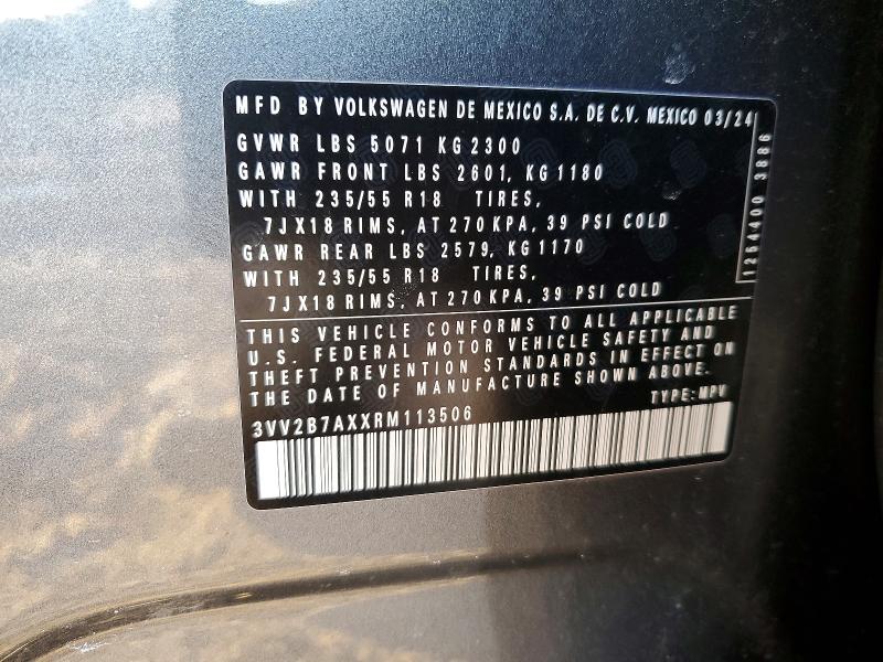 Aukcja sprzedaży 2024 Volkswagen Tiguan, vin: 3VV2B7AXXRM113506, numer aukcji: 74488425