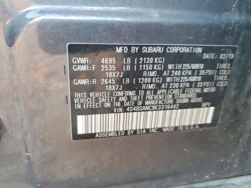 Продаж на аукціоні авто 2019 Subaru Outback 2., vin: 4S4BSANC9K3316442, номер лоту: 75383965