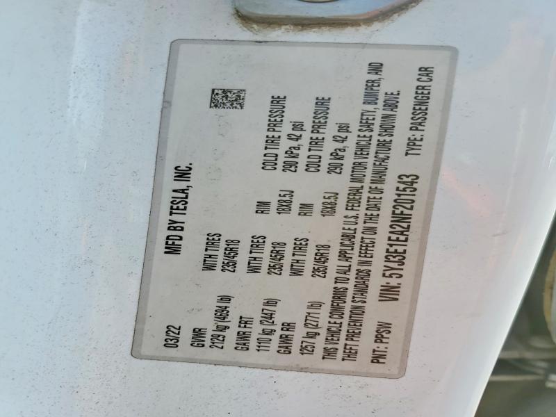 2022 Tesla Model 3 მანქანა იყიდება აუქციონზე, vin: 5YJ3E1EA2NF201543, აუქციონის ნომერი: 74088685