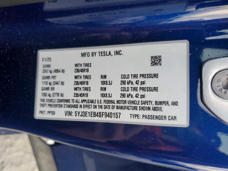 Продаж на аукціоні авто 2025 Tesla Model 3, vin: 5YJ3E1EB4SF940157, номер лоту: 99167495