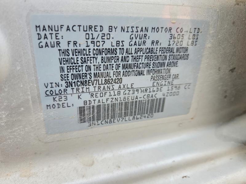 2020 Nissan Versa მანქანა იყიდება აუქციონზე, vin: 3N1CN8EV7LL862420, აუქციონის ნომერი: 99813315