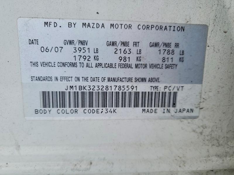 Продажа на аукционе авто 2008 Mazda 3 S, vin: JM1BK323281785591, номер лота: 74403685