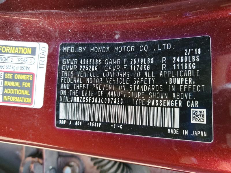 Auction sale of the 2018 Honda Clarity, vin: JHMZC5F36JC007823, lot number: 72738155