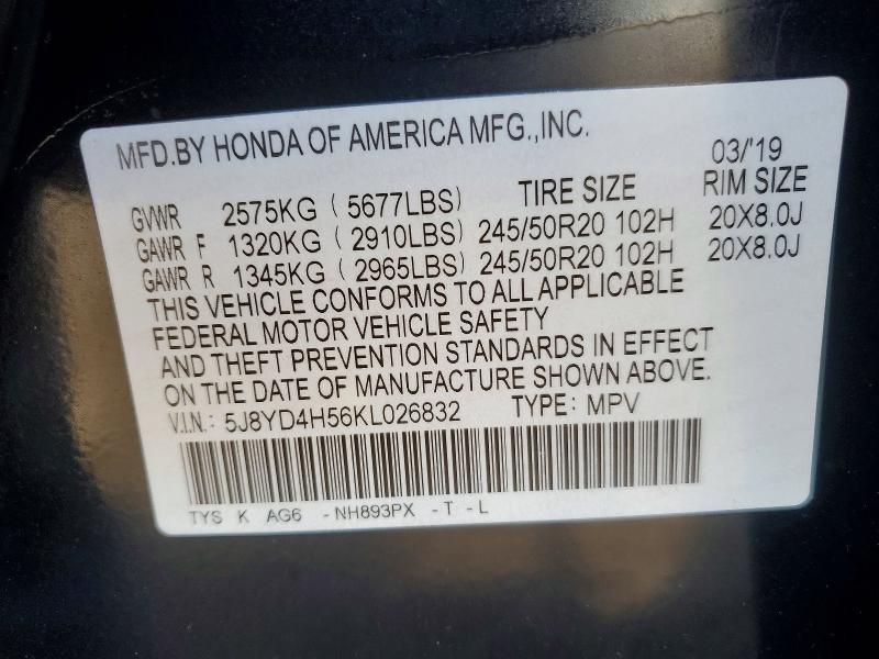 99596685 :رقم المزاد ، 5J8YD4H56KL026832 vin ، 2019 Acura Mdx مزاد بيع