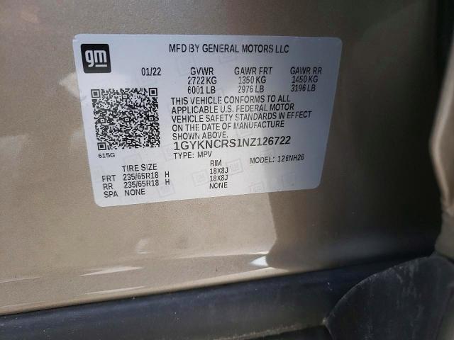 72277695 :رقم المزاد ، 1GYKNCRS1NZ126722 vin ، 2022 Cadillac Xt5 Premiu مزاد بيع