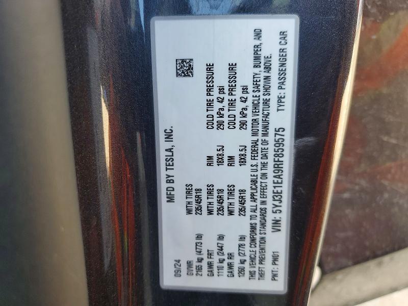 2024 Tesla Model 3 მანქანა იყიდება აუქციონზე, vin: 5YJ3E1EA9RF859575, აუქციონის ნომერი: 74493765