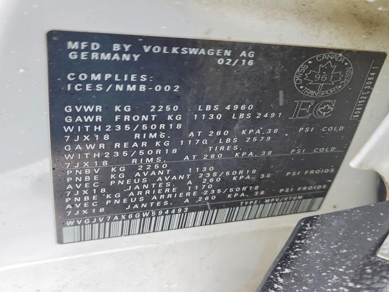 72514865 :رقم المزاد ، WVGJV7AX6GW594493 vin ، 2016 Volkswagen Tiguan مزاد بيع