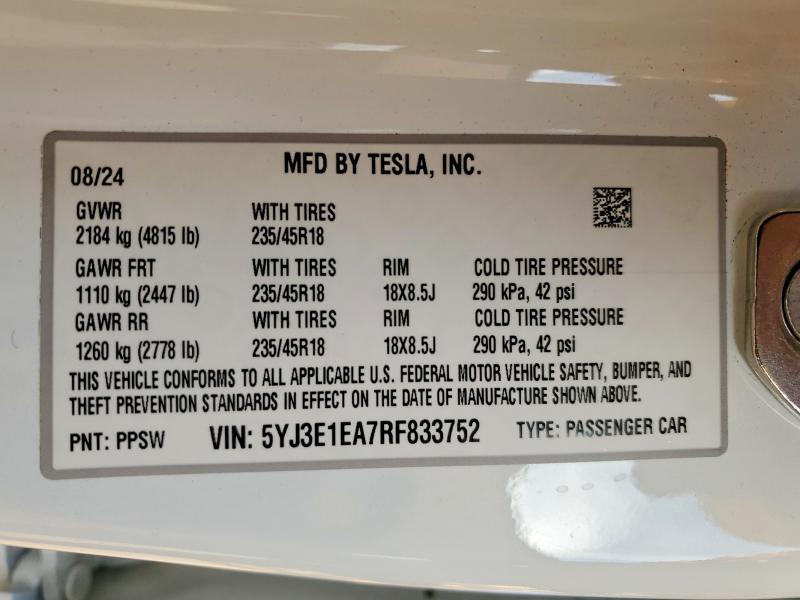 2024 Tesla Model 3 მანქანა იყიდება აუქციონზე, vin: 5YJ3E1EA7RF833752, აუქციონის ნომერი: 73626595