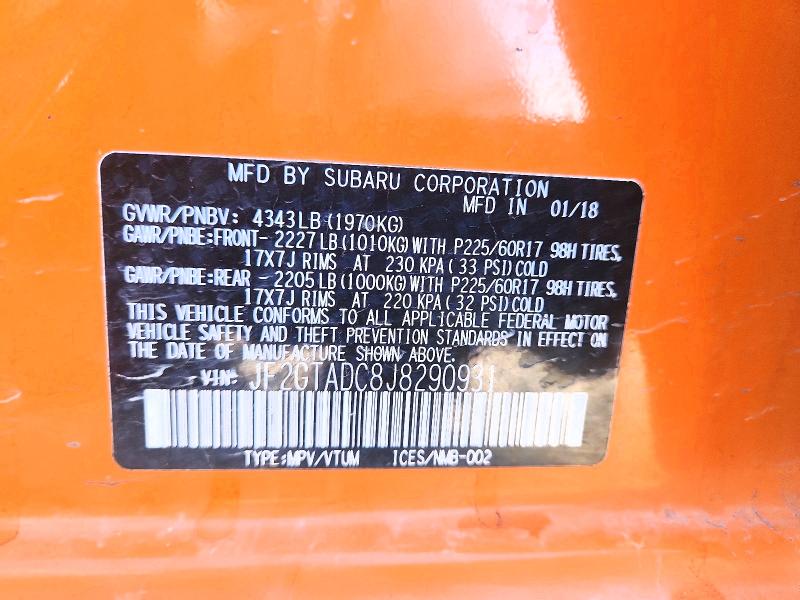 Aukcja sprzedaży 2018 Subaru Crosstrek, vin: JF2GTADC8J8290931, numer aukcji: 72410355