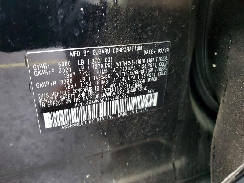 74836755 :رقم المزاد ، 4S4WMACD4K3467227 vin ، 2019 Subaru Ascent مزاد بيع