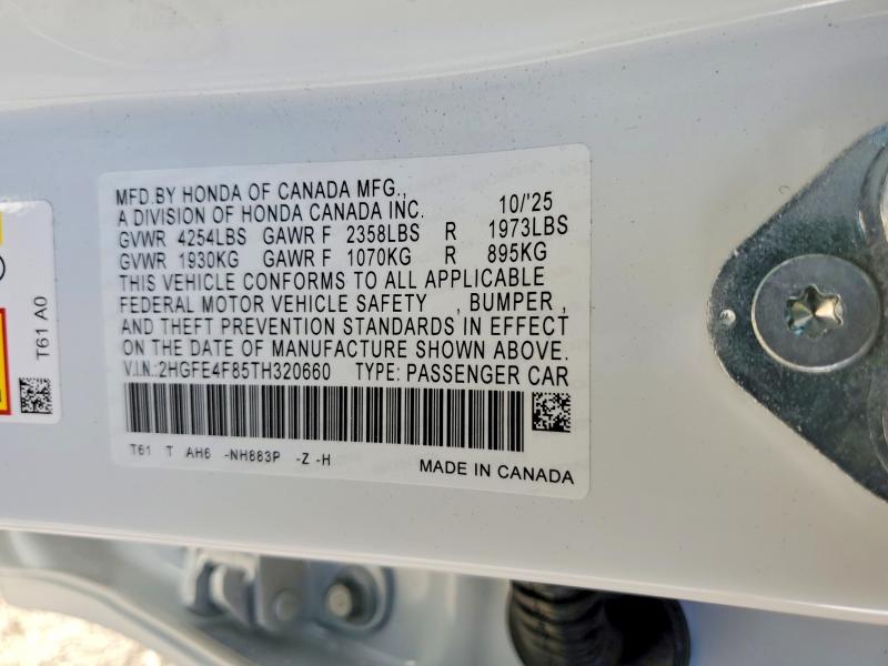 Продаж на аукціоні авто 2026 Honda Civic, vin: 2HGFE4F85TH320660, номер лоту: 98459415