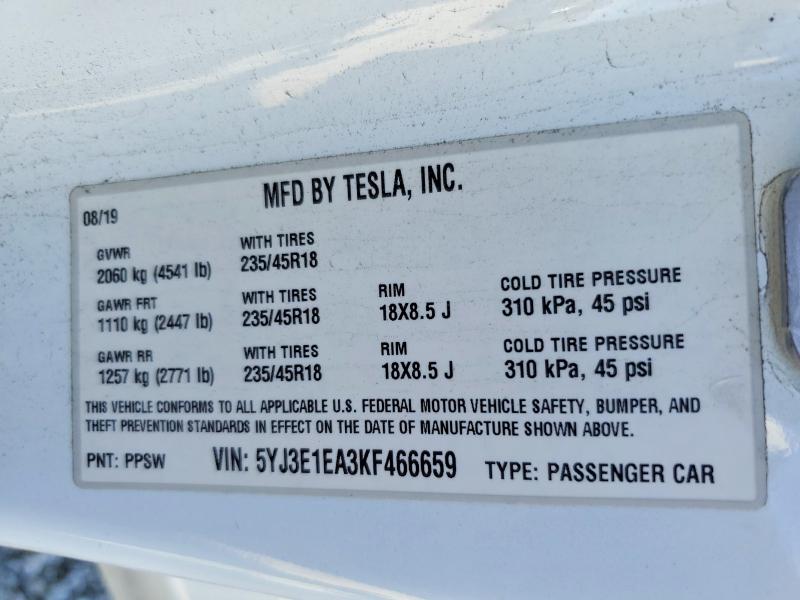 Aukcja sprzedaży 2019 Tesla Model 3, vin: 5YJ3E1EA3KF466659, numer aukcji: 73834915