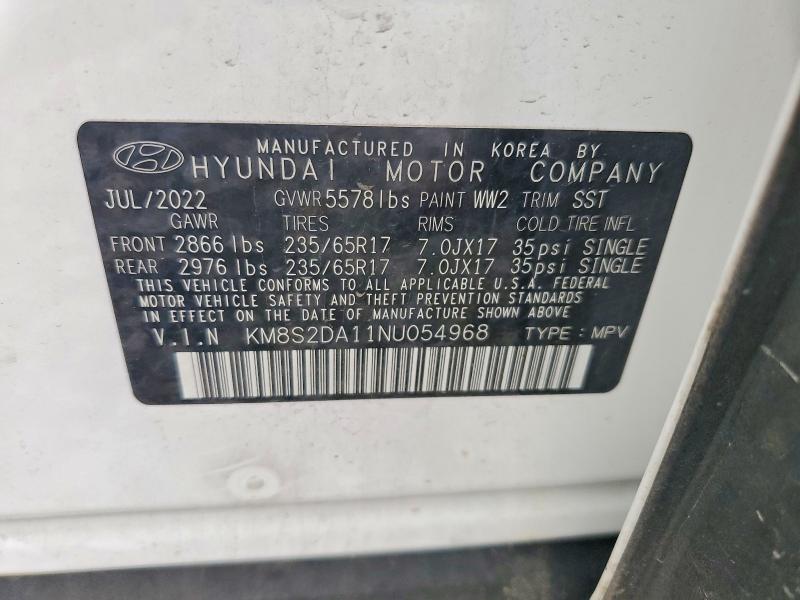 2022 Hyundai Santa Fe მანქანა იყიდება აუქციონზე, vin: KM8S2DA11NU054968, აუქციონის ნომერი: 72381225