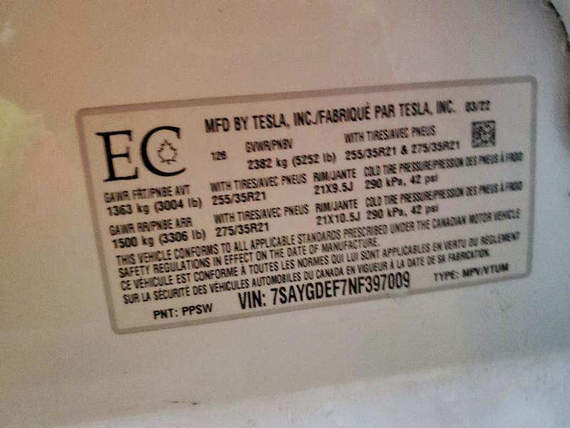 Продажа на аукционе авто 2022 Tesla Model Y, vin: 7SAYGDEF7NF397009, номер лота: 97352235
