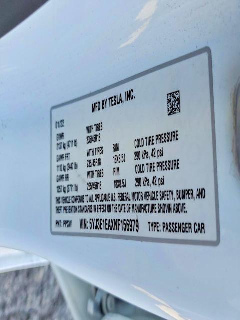 Auction sale of the 2022 Tesla Model 3, vin: 5YJ3E1EAXNF156979, lot number: 75167205