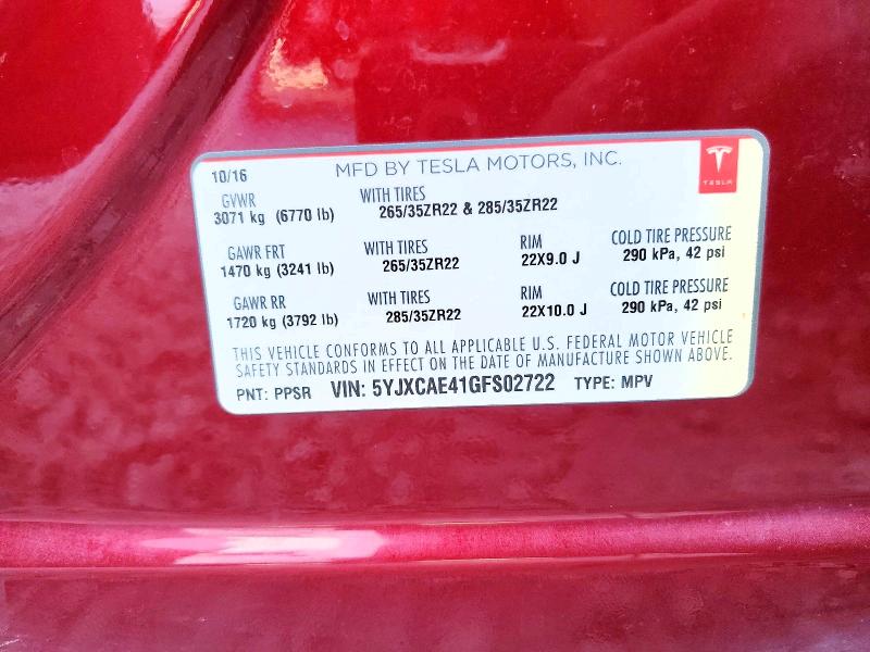 2016 Tesla Model X მანქანა იყიდება აუქციონზე, vin: 5YJXCAE41GFS02722, აუქციონის ნომერი: 99145185