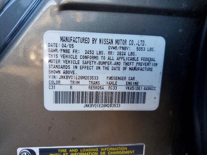 72493005 :رقم المزاد ، JNKBY01E26M203533 vin ، 2006 Infiniti M45 مزاد بيع