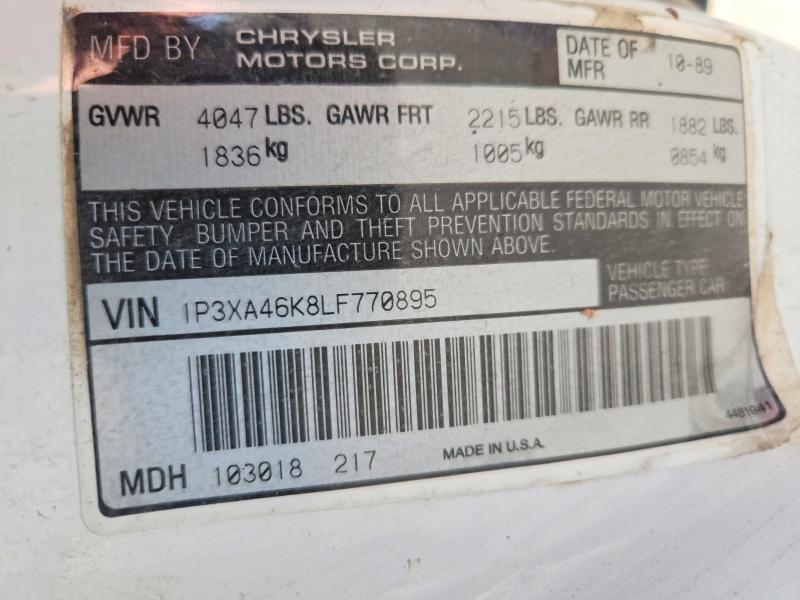 75408695 :رقم المزاد ، 1P3XA46K8LF770895 vin ، 1990 Plymouth Acclaim مزاد بيع