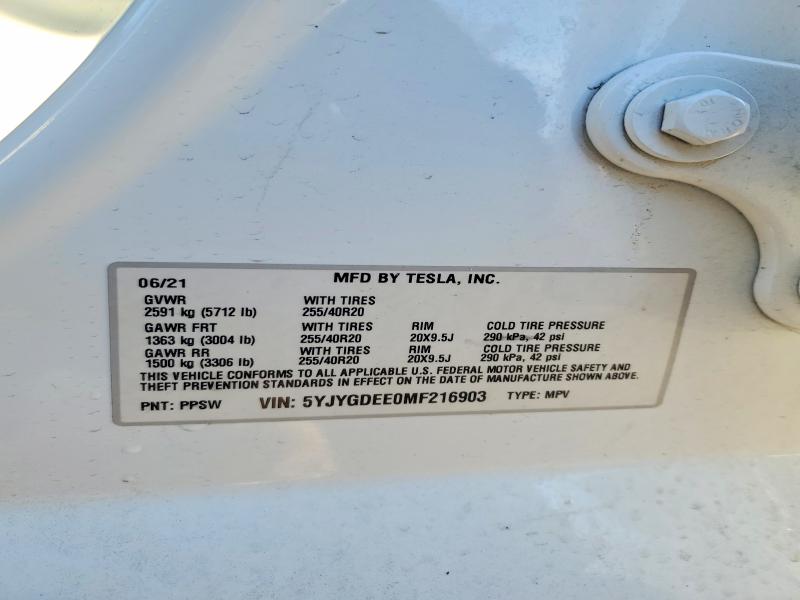 Aukcja sprzedaży 2021 Tesla Model Y, vin: 5YJYGDEE0MF216903, numer aukcji: 99321175