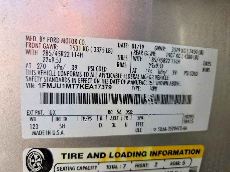 2019 Ford Expedition მანქანა იყიდება აუქციონზე, vin: 1FMJU1MT7KEA17379, აუქციონის ნომერი: 73258205