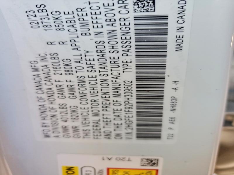 Продаж на аукціоні авто 2023 Honda Civic, vin: 2HGFE1F92PH309502, номер лоту: 98878975