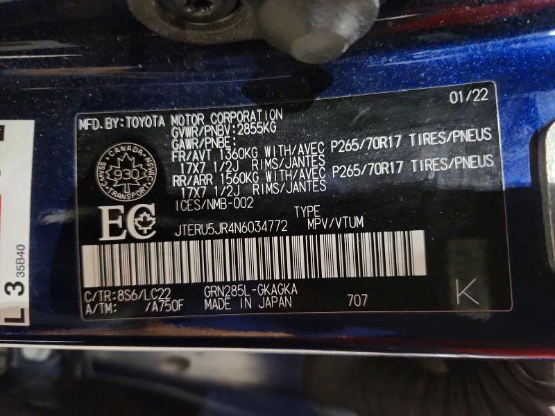 Aukcja sprzedaży 2022 Toyota 4runner, vin: JTERU5JR4N6034772, numer aukcji: 73780575