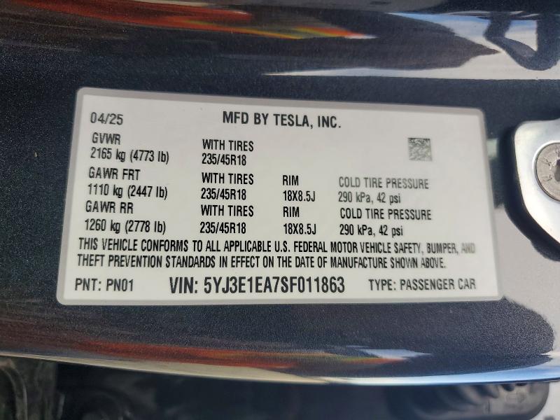 Продаж на аукціоні авто 2025 Tesla Model 3, vin: 5YJ3E1EA7SF011863, номер лоту: 74258745