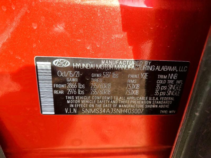 Aukcja sprzedaży 2022 Hyundai Santa Fe, vin: 5NMS34AJ3NH403007, numer aukcji: 74699195