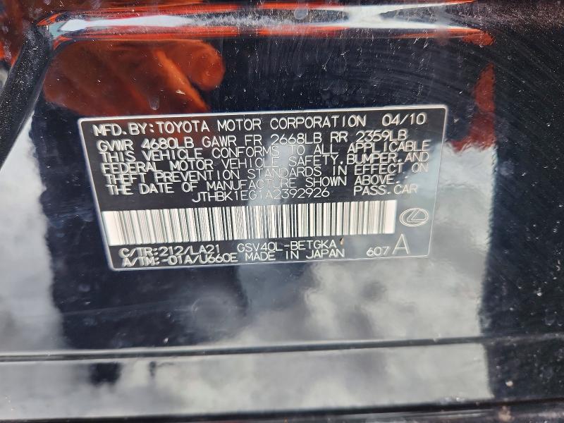 Продаж на аукціоні авто 2010 Lexus Es, vin: JTHBK1EG1A2392926, номер лоту: 72681865