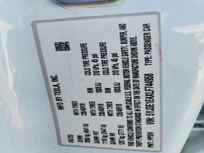 97866385 :رقم المزاد ، 5YJ3E1EAXLF744958 vin ، 2020 Tesla Model 3 مزاد بيع