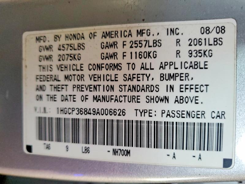 72700195 :رقم المزاد ، 1HGCP36849A006626 vin ، 2009 Honda Accord Exl مزاد بيع