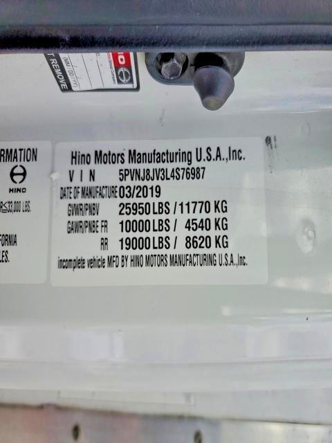 Продаж на аукціоні авто 2020 Hino 258/268, vin: 5PVNJ8JV3L4S76987, номер лоту: 98599515