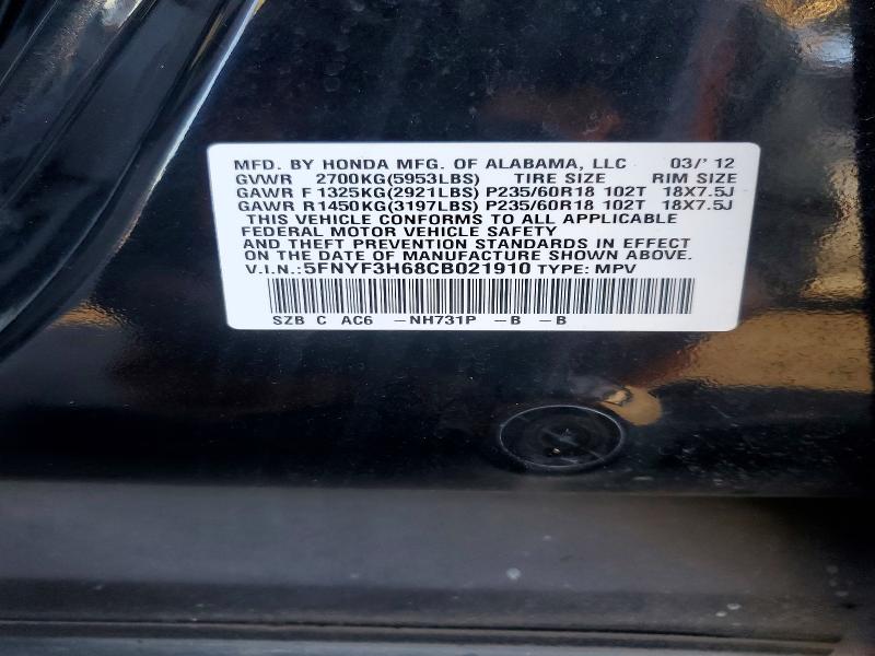 2012 Honda Pilot მანქანა იყიდება აუქციონზე, vin: 5FNYF3H68CB021910, აუქციონის ნომერი: 96787175