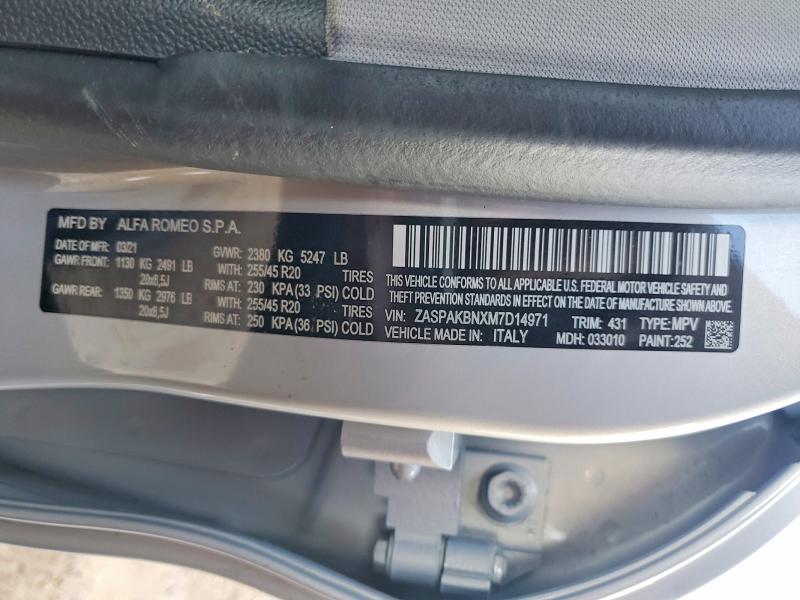 99846665 :رقم المزاد ، ZASPAKBNXM7D14971 vin ، 2021 Alfa Romeo Stelvio مزاد بيع