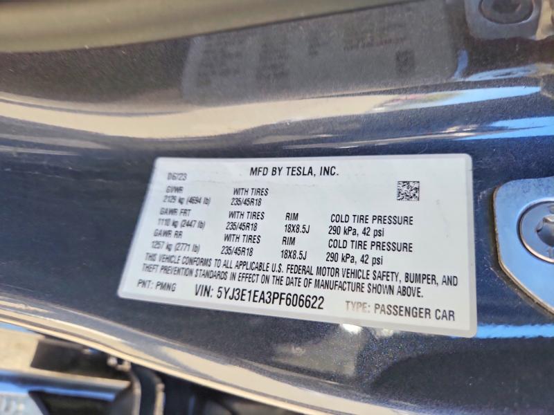 2023 Tesla Model 3 მანქანა იყიდება აუქციონზე, vin: 5YJ3E1EA3PF606622, აუქციონის ნომერი: 74834955