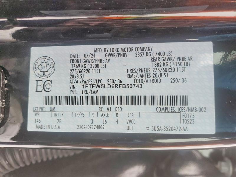 99896275 :رقم المزاد ، 1FTFW5LD6RFB50743 vin ، 2024 Ford F150 مزاد بيع