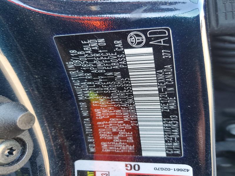 2019 Toyota Corolla მანქანა იყიდება აუქციონზე, vin: 2T1BURHE9KC155835, აუქციონის ნომერი: 99830295